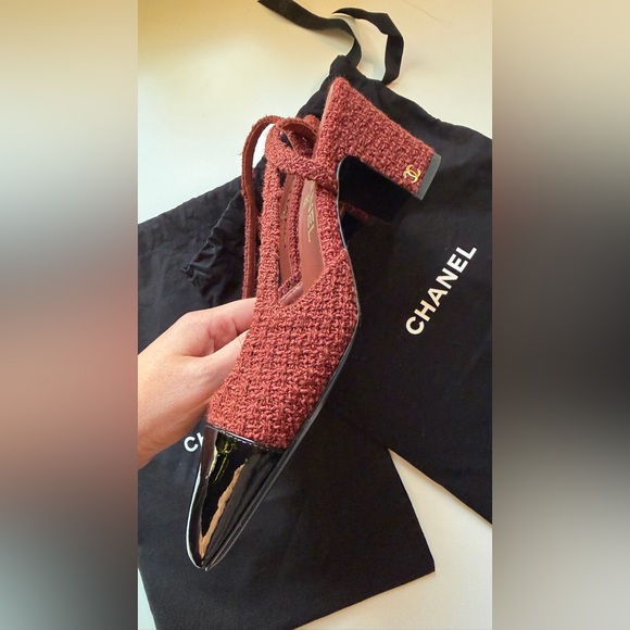 Never Worn Chanel Slingback Heels Tweed Burgundy Shoes - Picture 9 of 12